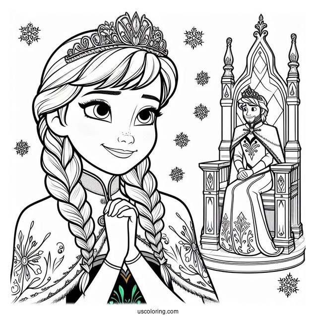 Queen Anna In Coronation With Olaf Coloring Page