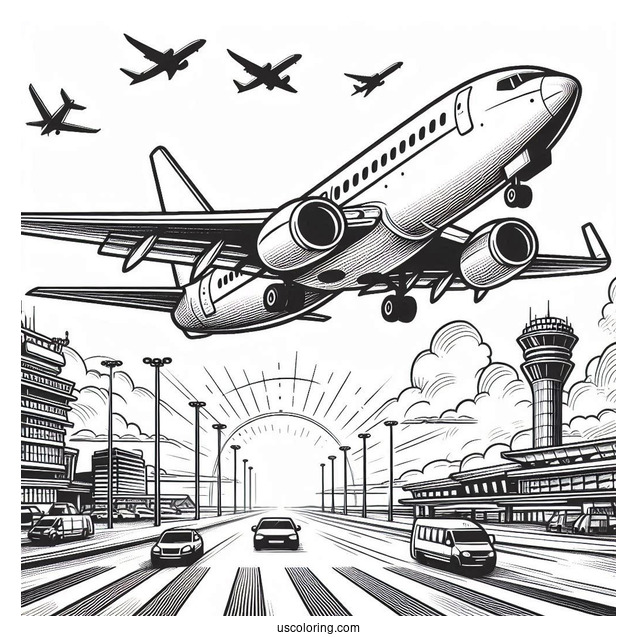 Airplane Taking Off From Airport Coloring Sheet