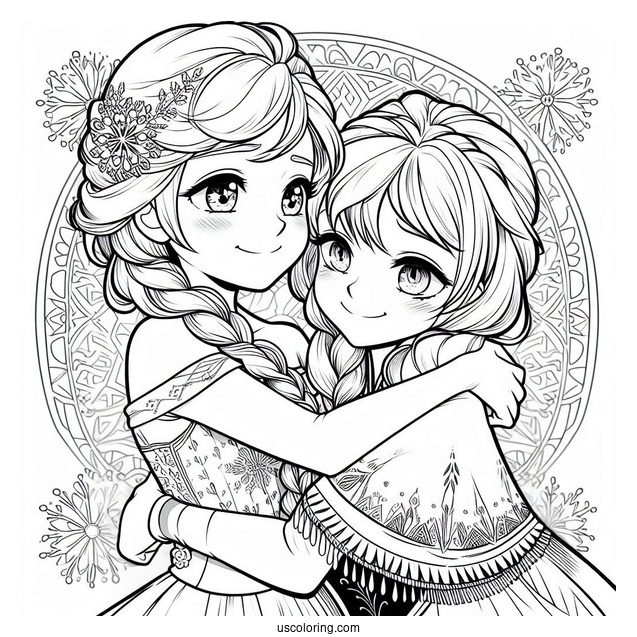 Anime Anna And Elsa Hugging Coloring Sheet For Kids