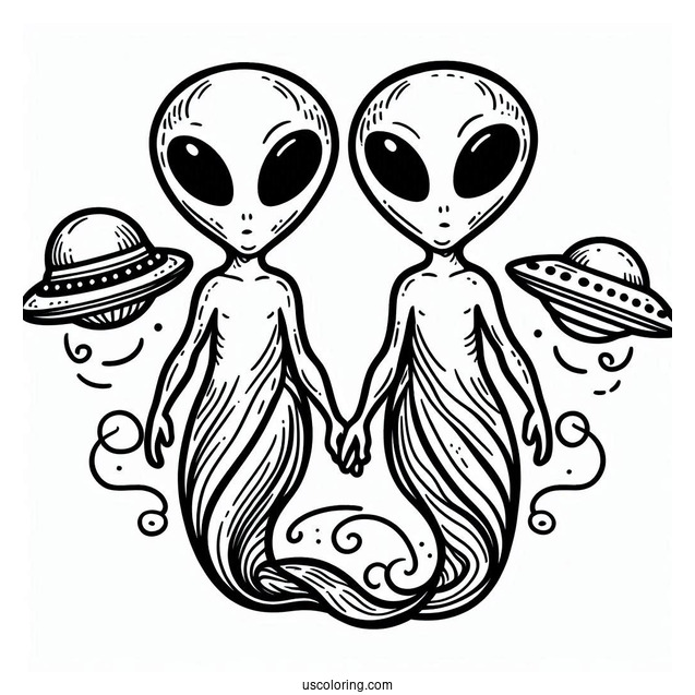 Easy Outline Of Two Aliens In UFO To Color