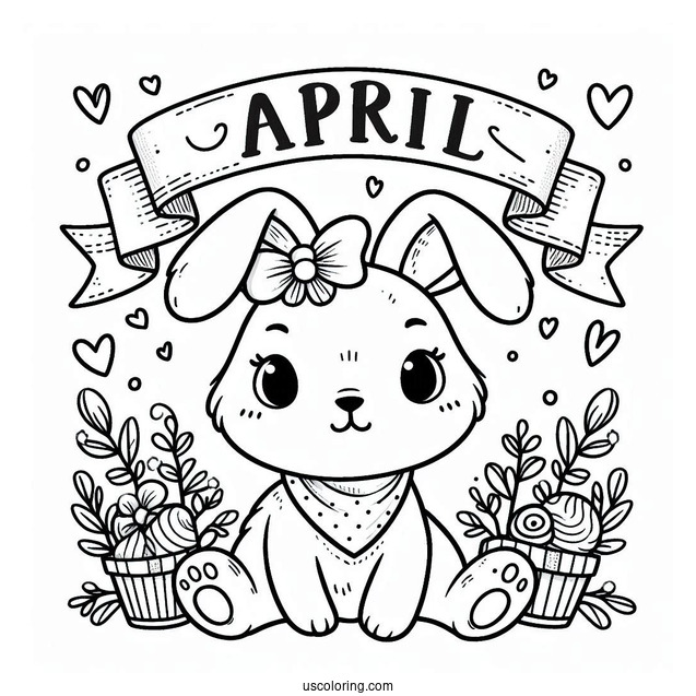 Easy Bunny With An April Coloring Page Banner For Preschoolers