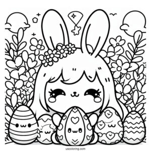 Kawaii Easter Egg And Bunny In April Coloring Page For Kids