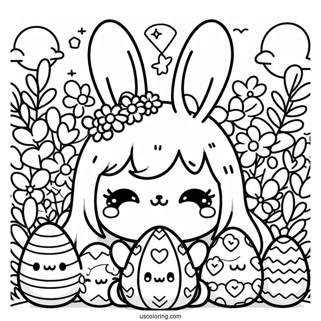 Kawaii Easter Egg And Bunny In April Coloring Page For Kids