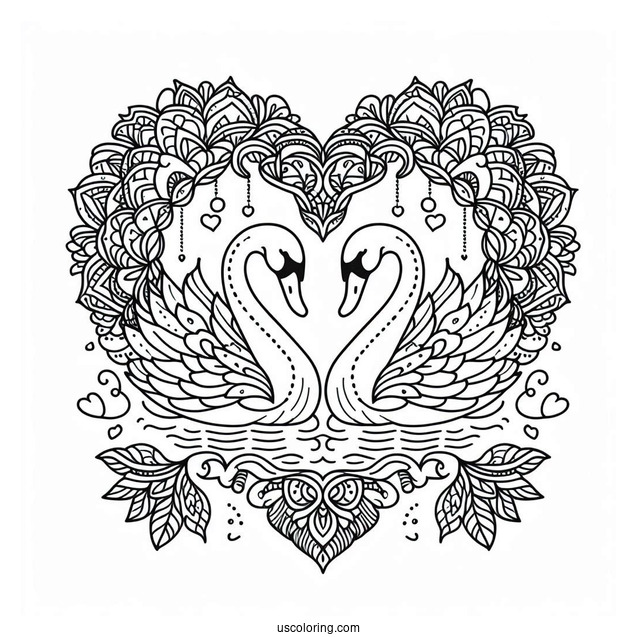 Swans Forming A Love Heart Animal Mandala Coloring Page