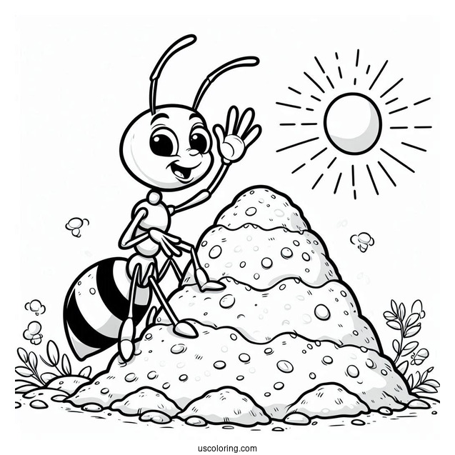 Cartoon Ant Coloring Page Waving From An Anthill