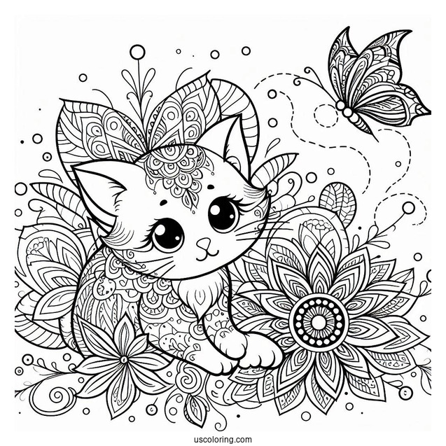 Cat Playing With A Butterfly Animal Mandala Coloring Page