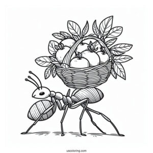 Ant Coloring Page Carrying Leaf Basket Of Fruits