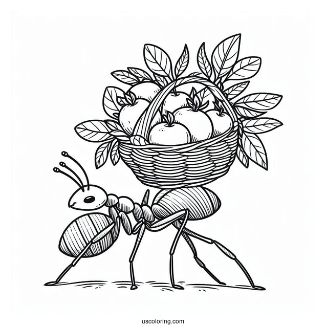 Ant Coloring Page Carrying Leaf Basket Of Fruits