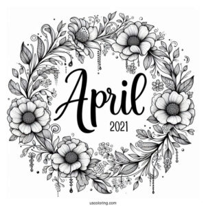 Elegant April Coloring Page Script With Floral Frame