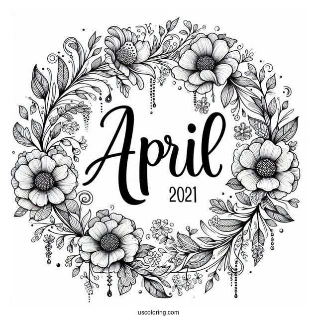 Elegant April Coloring Page Script With Floral Frame