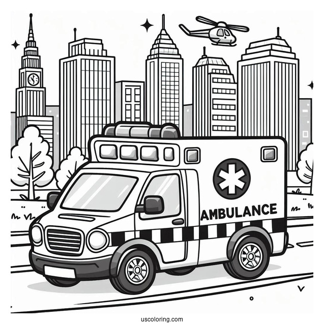 Cartoon Ambulance Coloring Page In The City For Kids
