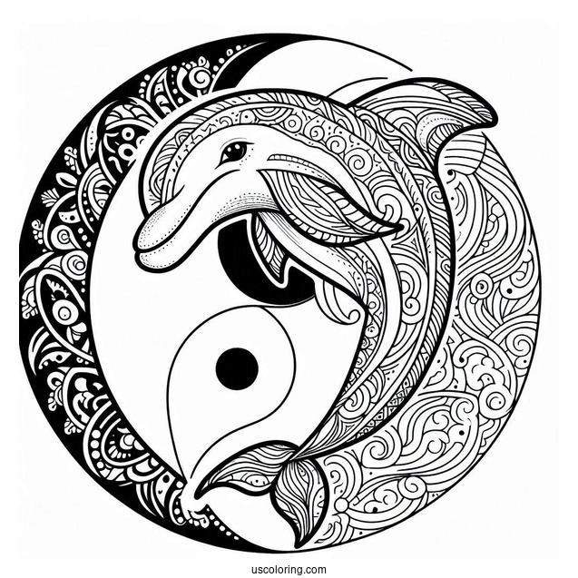 Dolphin Between Two Yin And Yang Animal Mandala Coloring Page