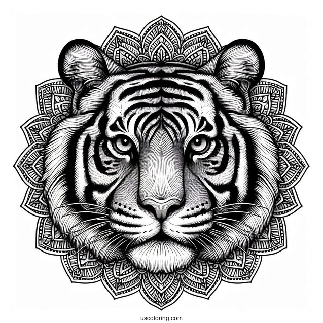 Realistic Tiger Head Inside An Animal Mandala Coloring Page