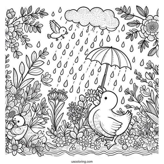 April Coloring Page Showers Bring May Flowers With Duck Playing