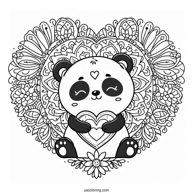 Cute Panda hugging A Love Heart Animal Mandala Coloring Page For Kids
