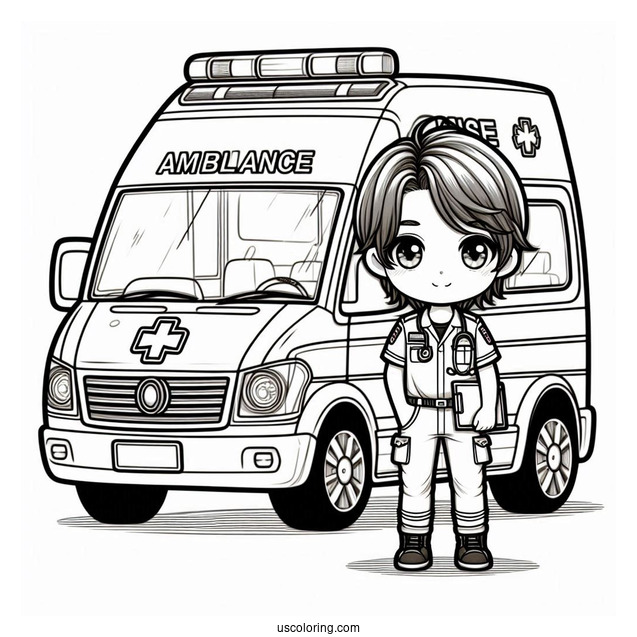 Chibi Paramedic Standing Beside An Ambulance Coloring Page
