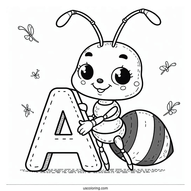Cute Ant Coloring Page Holding Letter A For Kids