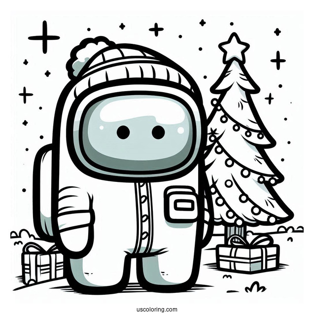 Simple Coloring Sheet of Crewmate with Christmas Tree