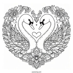 Swans Forming A Love Heart Animal Mandala Coloring Page