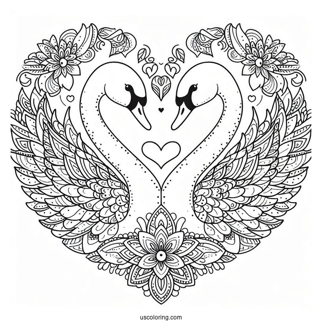 Swans Forming A Love Heart Animal Mandala Coloring Page