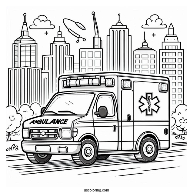 Cartoon Ambulance Coloring Page In The City For Kids
