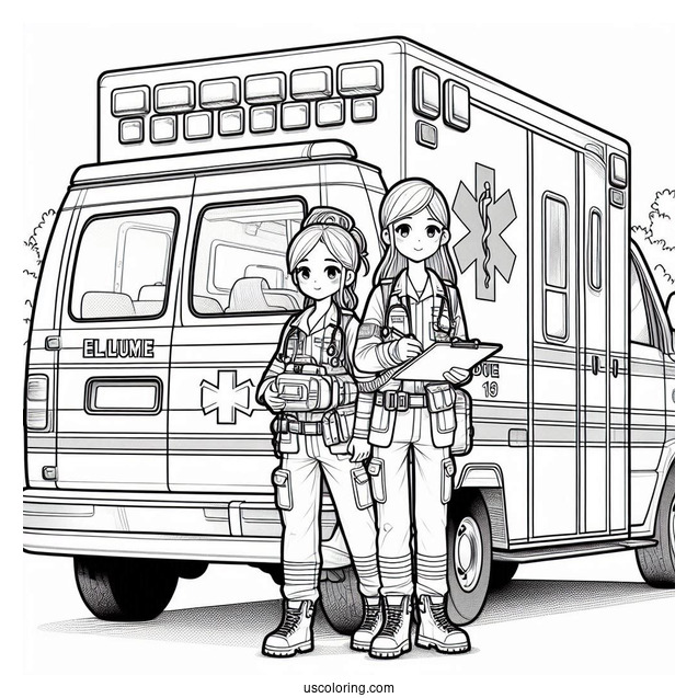 Ambulance Coloring Page Of Female Paramedic Carrying Equipment