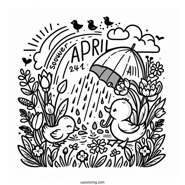 April Coloring Page Showers Bring May Flowers With Duck Playing