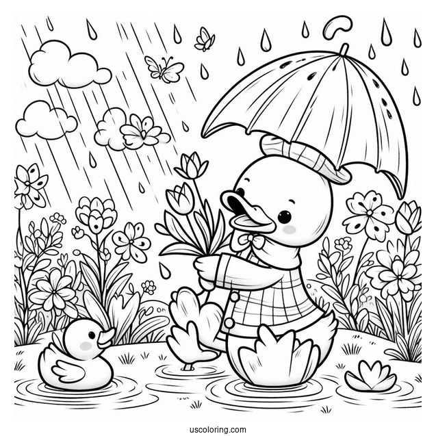 April Coloring Page Showers Bring May Flowers With Duck Playing
