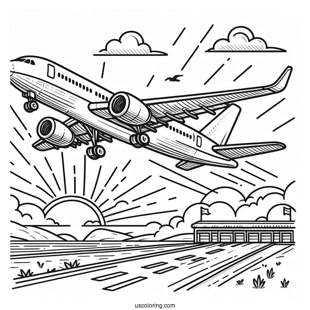 Airplane Taking Off From Airport Coloring Sheet