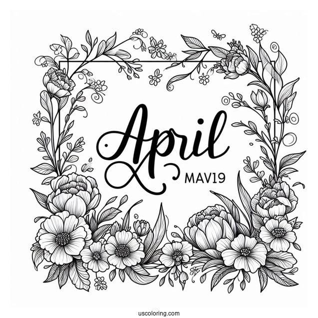 Elegant April Coloring Page Script With Floral Frame