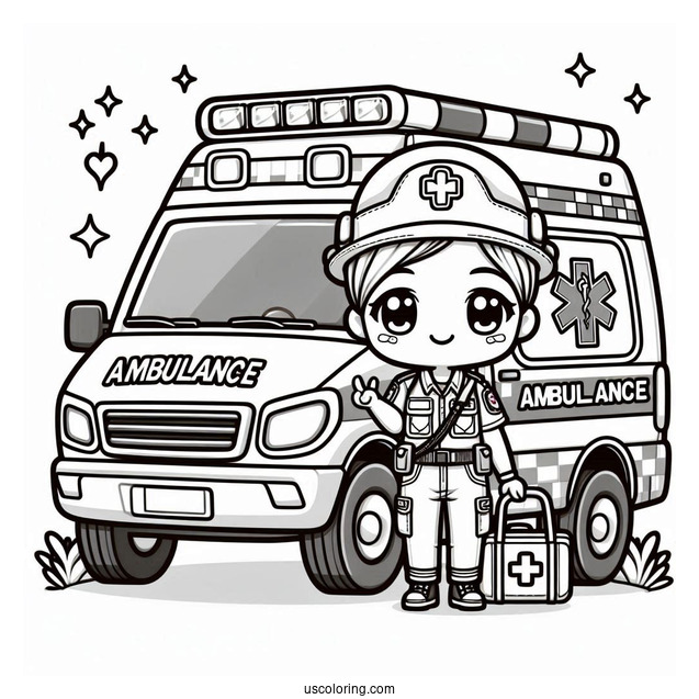 Chibi Paramedic Standing Beside An Ambulance Coloring Page