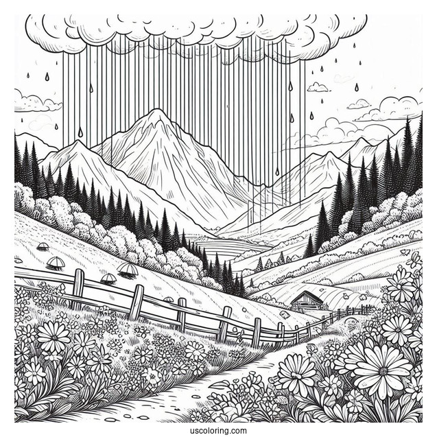 April Coloring Page Showers Over Mountain Landscape