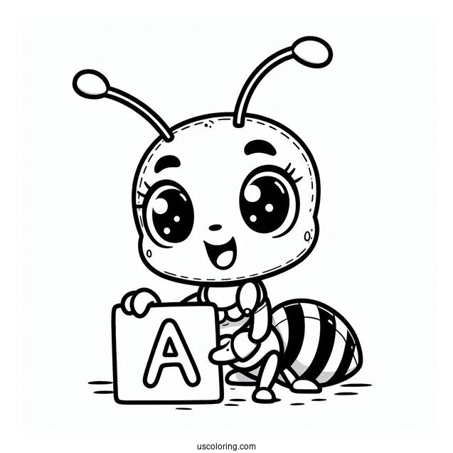 Cute Ant Coloring Page Holding Letter A For Kids