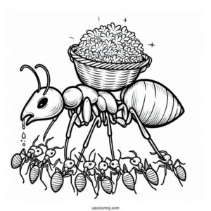 Ant Coloring Page Carrying Food With Queen Ant On Top