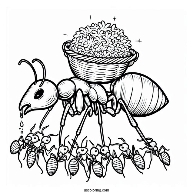 Ant Coloring Page Carrying Food With Queen Ant On Top