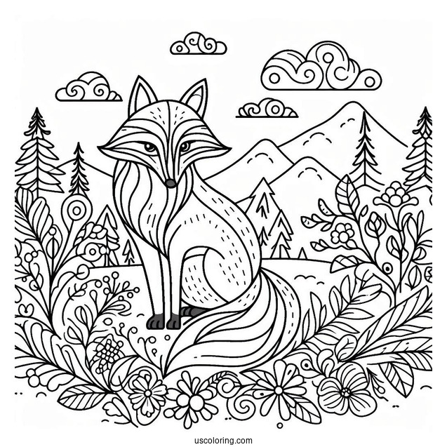 Fox In Nature Abstract Coloring Page For Kids