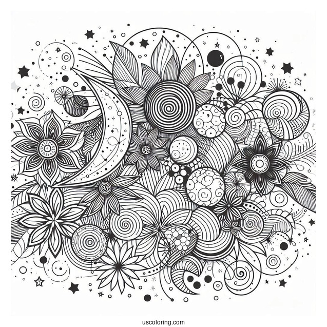 Circles, Stars, And Flowers Abstract Coloring Page