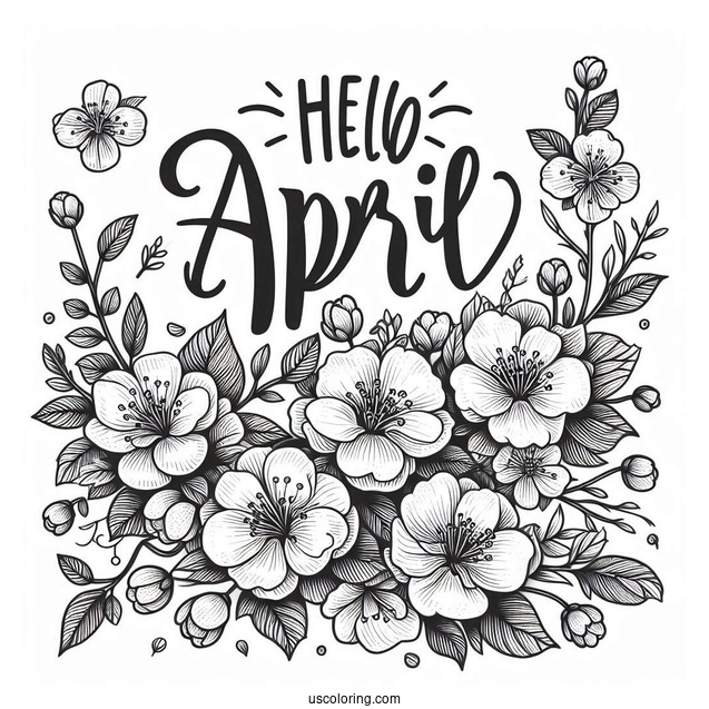 Hello April Coloring Page Words Over Blooming Flowers