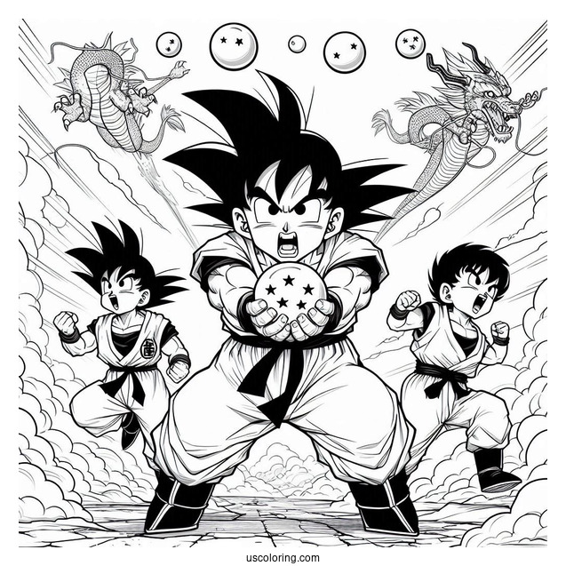 Goku, Gohan, Bulma, And Krillin Chasing Dragon Balls