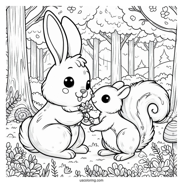 Cute Rabbit And Squirrel Playing In The Forest In April Coloring Page