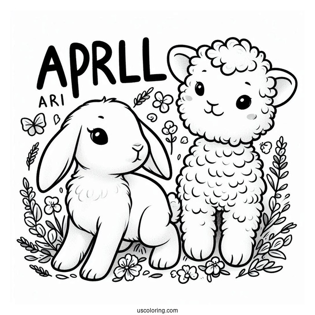 Lamb And Rabbit Under April Coloring Page Word For Kids