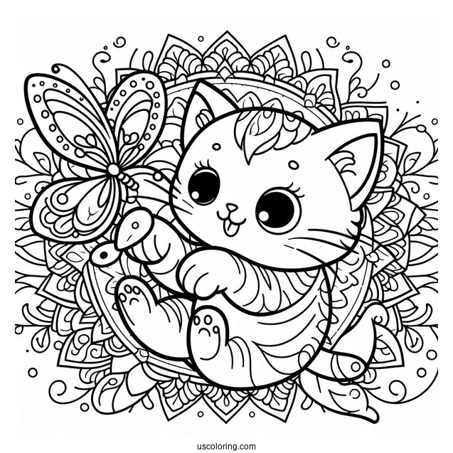 Cat Playing With A Butterfly Animal Mandala Coloring Page