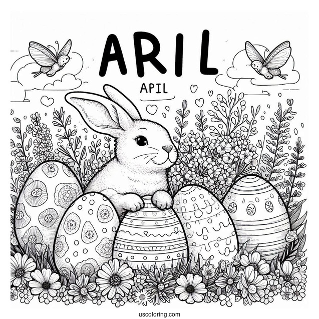 Fun April Coloring Page Word Above Massive Easter Eggs With Bunny