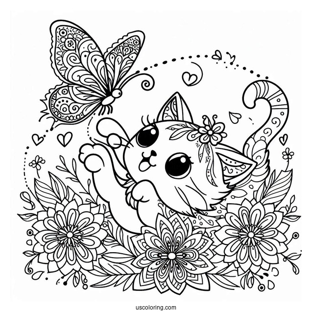 Cat Playing With A Butterfly Animal Mandala Coloring Page