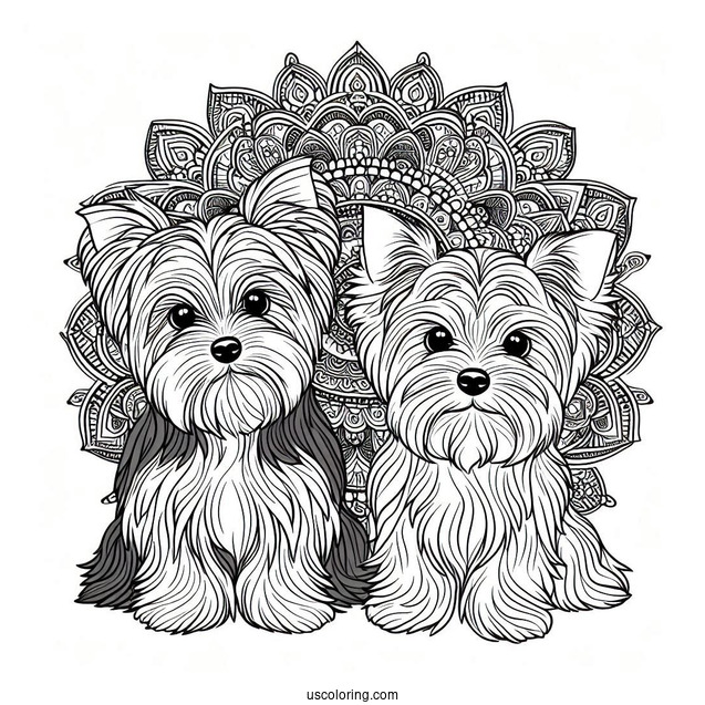 Two Adorable Yorkshire Terrier Dogs In Front Of Animal Mandala Coloring Page