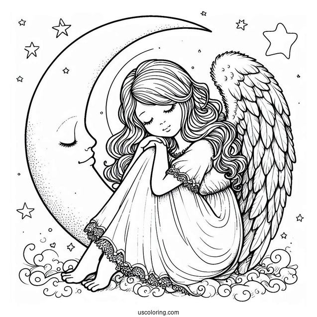 Peaceful Angel Resting On Crescent Moon