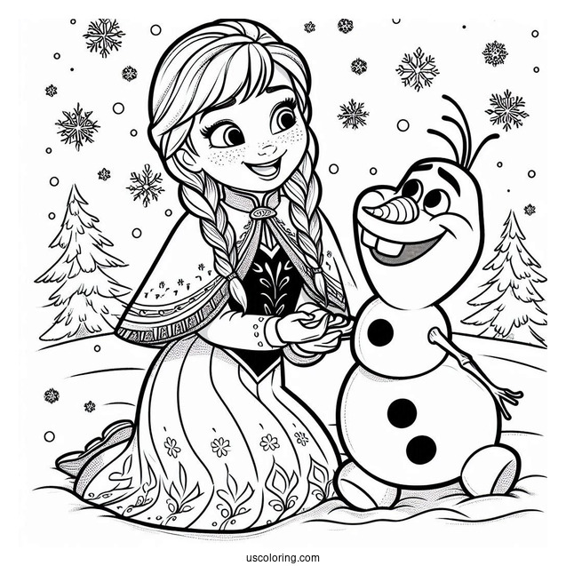 Anna And Olaf Playing In The Snow Coloring Page