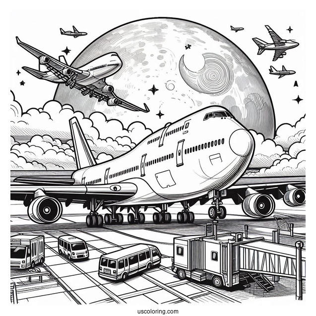 Boeing 747 Plane At Airport To Color
