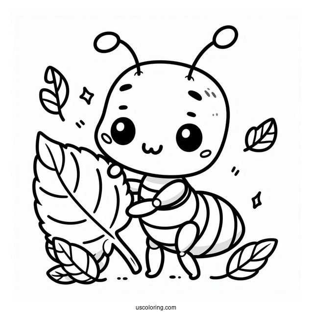 Kawaii Ant Coloring Page Holding A Leaf For Preschoolers