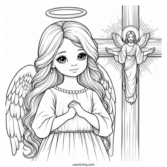 Young Angel Next To Jesus Cross To Color